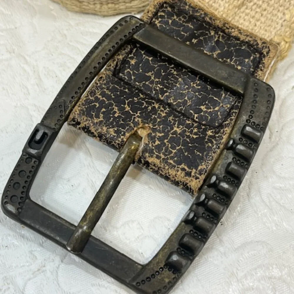 Beige Distressed Canvas Faux Leather Accents Metal Grommet Holes Belt 37